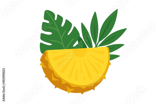 Vibrant composition of a ripe pineapple fruit slice and exotic tropical green leaves