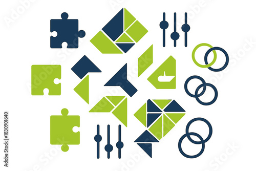 Abstract collection of geometric shapes, puzzle elements, tangrams, and interface icons