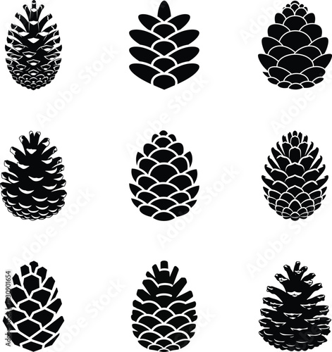 Pine cone Christmas collection icon set, simple black silhouette vector