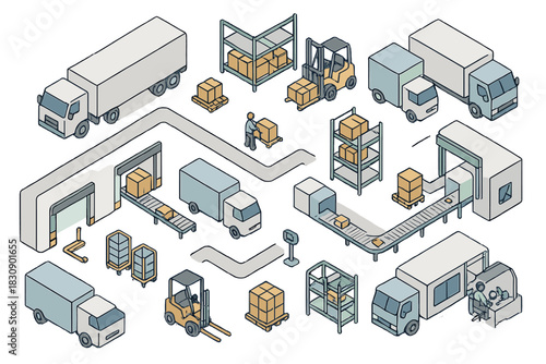 Isometric elements of modern warehouse logistics, freight transport, and delivery services
