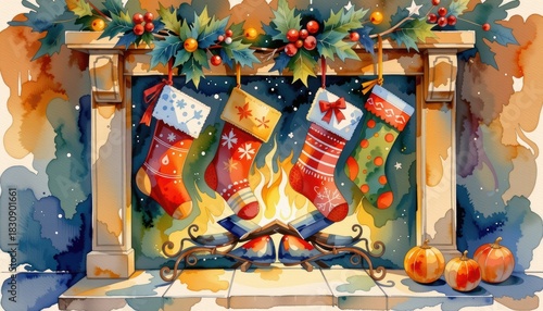 Cozy christmas fireplace with festive stockings hung for holiday cheer warm inviting christmas fireplace scene features multiple festive stockings adorning its mantel