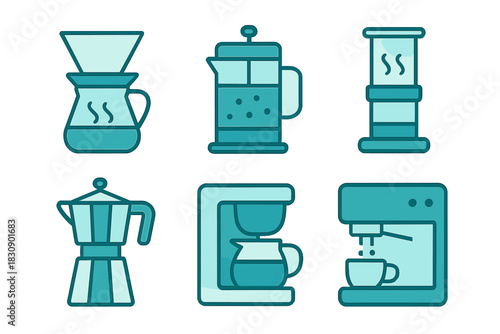 Six coffee brewing appliances and tools including espresso and pour-over makers