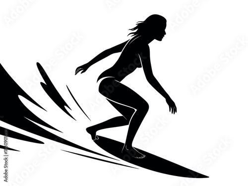 A silhouette of a woman surfing on a surfboard with water splashing around her.