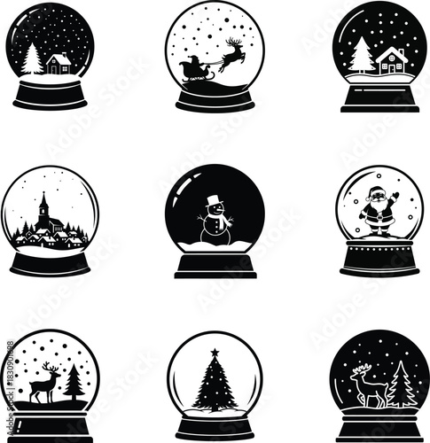 Snow globe Christmas icon set with snowman, reindeer, and village