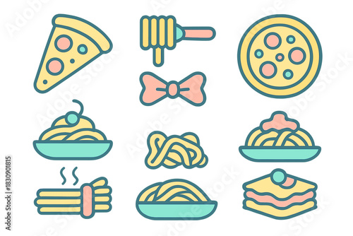 Colorful flat design Italian food icons featuring pizza, pasta, lasagna, and spaghetti