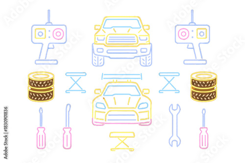 Set of neon outline icons depicting remote control car maintenance tools and vehicles