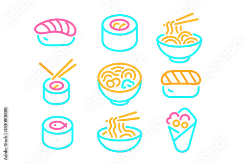 Vibrant neon outline icons featuring Japanese sushi rolls, nigiri, and steaming noodle bowls