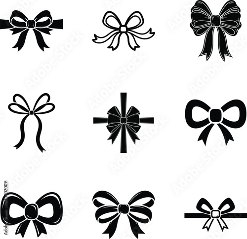 Bow Christmas icon set, simple black silhouette vector