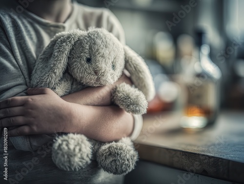 childs hands holding a worn plush toy tightly, blurred background showing alcohol bottle on a kitchen counter