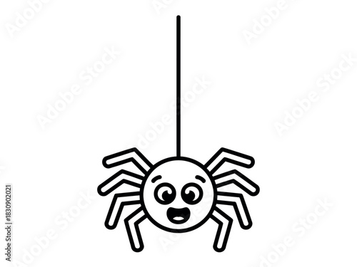 A cute cartoon spider hanging from a thin thread against a white background.