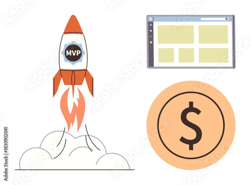 Rocket marked MVP taking off, web browser interface, and dollar sign icon. Ideal for innovation, startups, software development, growth, minimal viable product, entrepreneurship digital success