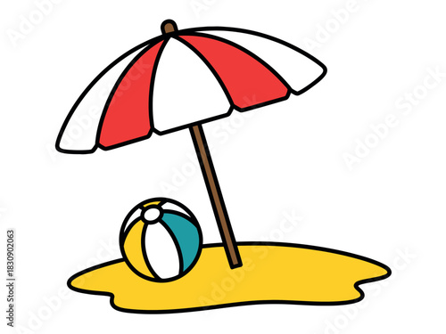 A colorful beach umbrella casts a shadow on the sand next to a striped beach ball, evoking a sense of summer leisure and relaxation.
