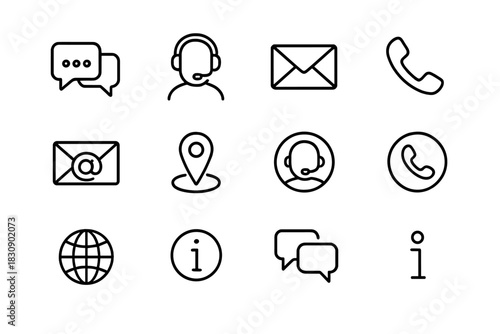 Linear minimalist icons set for contact methods, customer service, and global support