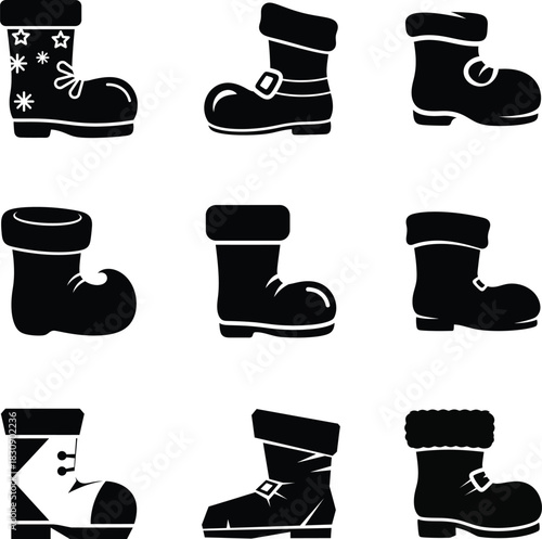Boot Christmas icon set, simple black silhouette vector