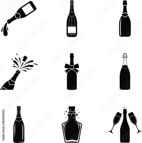 Champagne Christmas bottle icon set, simple silhouette