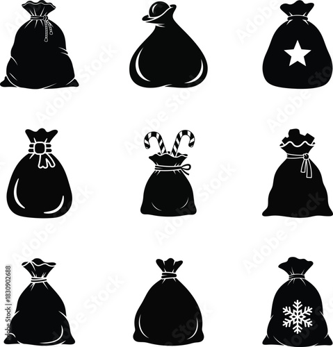 Bag Christmas sack icon set with star and snowflake