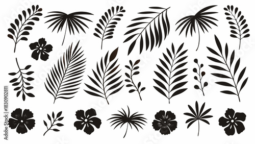 Exotic tropical foliage silhouette collection, trendy modern black leaves and flowers for striking designs, versatile botanical elements, originally vector graphics