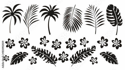 Tropical paradise awaits with this collection of illustrated palms, monstera leaves, and flowers, perfect for summer designs and vacation vibes