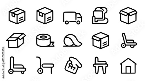 Moving and delivery icon set simple line vector symbols for relocation services isolated on white background