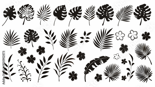 Tropical vibes with exotic palm leaves and hibiscus blossoms, perfect for summer designs, invitations, and vibrant botanical themes, originally a scalable vector