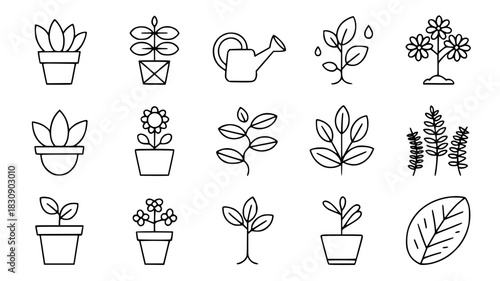 Set of plant icons minimalist line art vector illustration representing growth and nature