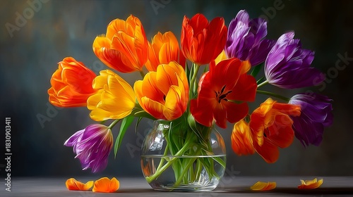 Wallpaper Mural A Dutch still life of tulips in a vase, with petals in bright red, yellow, and purple. The background is a dark, moody charcoal grey, making the colors of the flowers appear to vibrate Torontodigital.ca