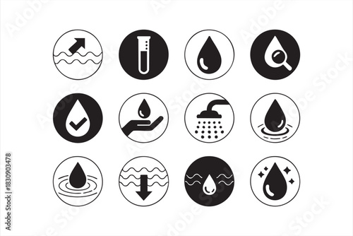 Minimal clean-water symbol set for filtration, safety, and product labeling