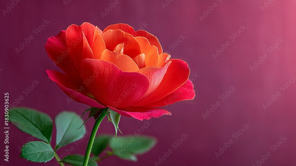 Fototapeta premium A single, dramatic red rose with velvety petals, isolated on a background of solid, bright magenta. The play of similar hues creates a sophisticated and intense pop of color