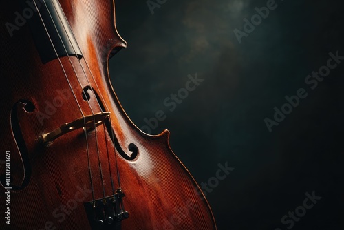 A close-up showcases the curves and wood grain of a cello against a moody, dark backdrop