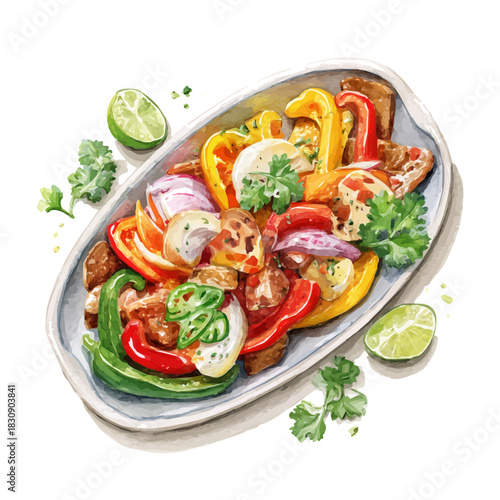 Fajita Platter, watercolor vector, isolated on a white background.