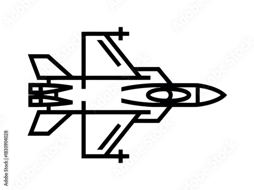 An abstract line art illustration of a modern fighter jet seen from above.