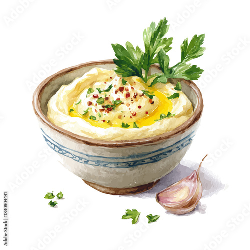 watercolor vector of Hummus, isolated on a white background.