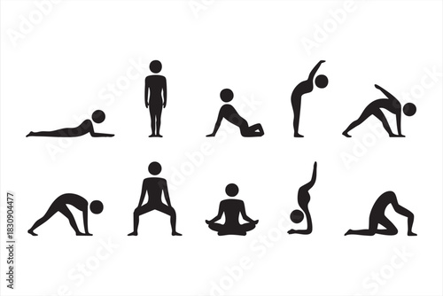 Fitness and yoga movement icons for health platforms and exercise programs