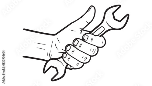 Hand holding Wrench: An close-up illustration of a hand firmly gripping a wrench. Perfect for a variety of mechanical or repair related themes. 