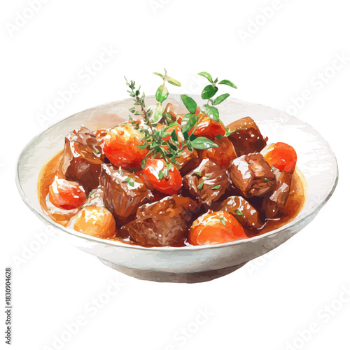 Beef Stew, watercolor drawing vector, isolated on a white background.