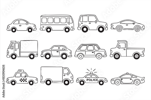 Transport icon collection featuring buses, taxis, police cars, and utility trucks