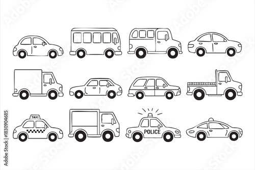 Line-art car and truck illustrations for logistics platforms and navigation tools
