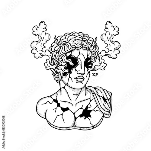 Broken Ancient Statue Head with Smoke Escaping Eyes and Chest.