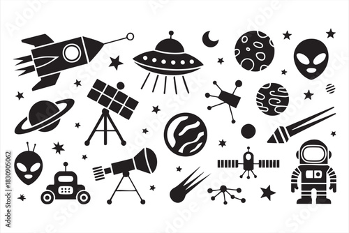 Astronomy-themed vector set featuring telescopes, satellites, and space robots