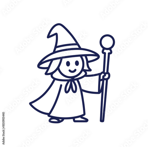 A charming cartoon wizard stands confidently holding a magical staff while wearing a pointed hat and flowing robe, ready to cast a spell.