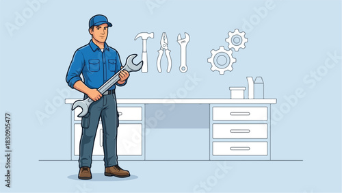 Mechanic holding wrench in workshop ready for work repair and maintenance.