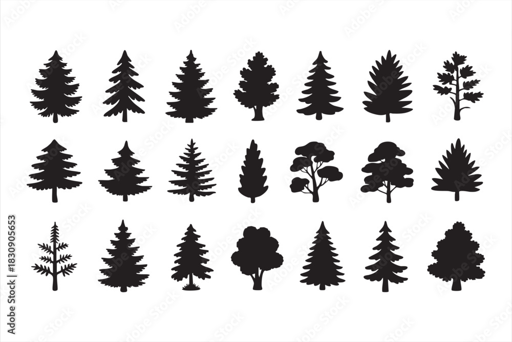 Fototapeta premium Evergreen and pine icon set for environmental visuals and woodland branding