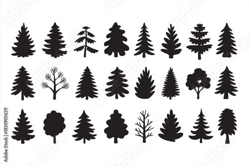 Forest tree silhouettes for nature graphics, outdoor themes, and landscape design