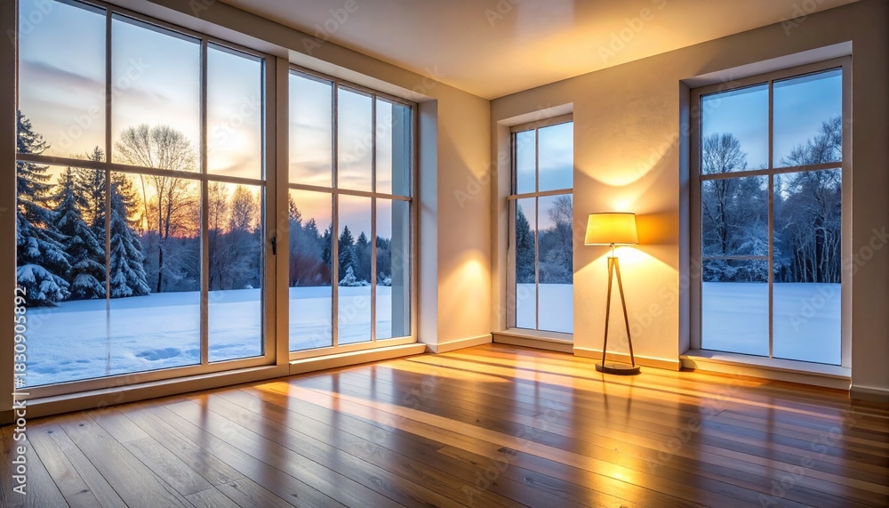 Obraz premium 冷たい霜の窓を背景に、柔らかなランプの灯りが木の面に穏やかな影を落とすミニマルな冬の室内です。 暖光と冷色のバランスが、心地よい静けさと少しの孤独感を帯びたジャズ的な空気を生み出します。