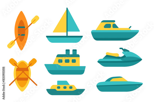 Collection of water transport vehicles including kayak, sailboat, motorboat, jet ski, and yacht