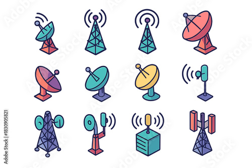 Isometric set of communication antennas, satellite dishes, and radio transmission towers