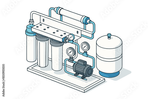 Modern reverse osmosis water filtration system with pump and storage tank, isometric