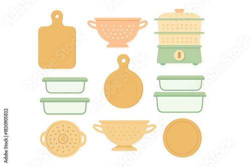 Set of essential kitchen tools and appliances including cutting boards, colanders, food steamer, and storage containers