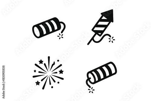 Minimalist pyrotechnics symbols including rocket, firecrackers, and explosion burst