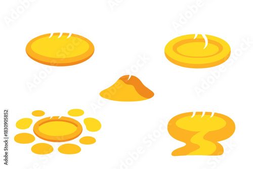 Stylized isometric yellow food or spice elements set with rising steam, graphic design
